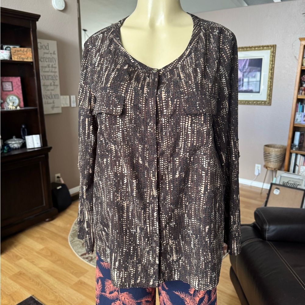 Anne Klein brown, tan & black long roll tab sleeves blouse-size L